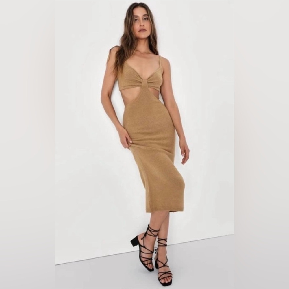 Lulus The Way I Feel Tan Cutout Midi Sweater Dress